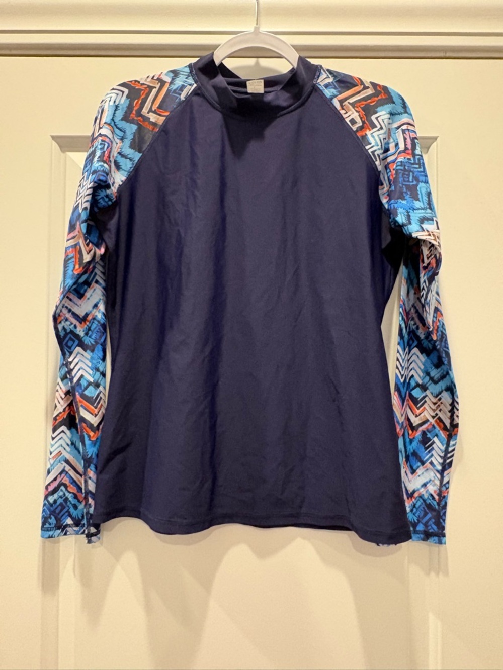Navy Rash Guard Top with Blue Multi-Color Zigzag Sleeves - Picture 1 of 3